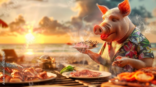 A content anthropomorphic pig in a vibrant Hawaiian shirt grills a variety of meats on a barbecue at a beach sunset.
