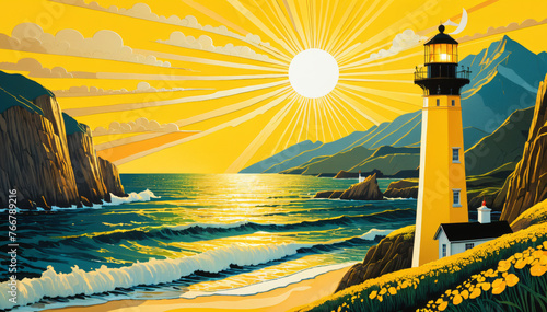 Golden Sunset with Lighthouse and Ocean Waves Illustration photo