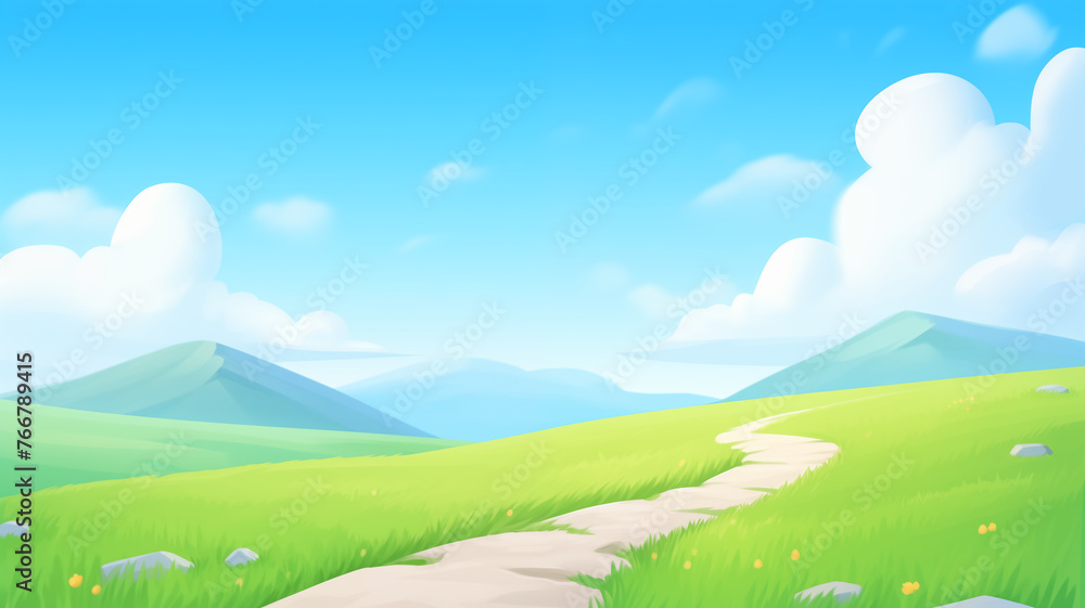 Hand drawn cartoon spring meadow landscape illustration
