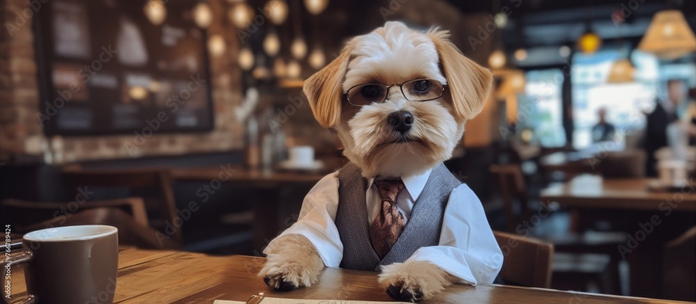 A small fawncolored Toy dog with a snout, sitting at a hardwood table, dressed in a suit and tie. A perfect example of a carnivore companion dog A small fawncolored Toy dog with a snout, sitting at a hardwood table, dressed in a suit and tie. A perfect example of a carnivore companion dog