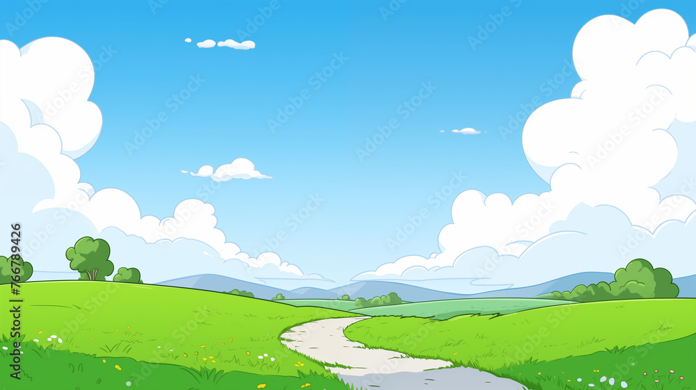 Hand drawn cartoon spring meadow landscape illustration
Hand drawn cartoon spring meadow landscape illustration