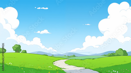 Hand drawn cartoon spring meadow landscape illustration 