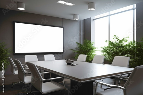 A contemporary meeting room setup with a clean, sleek design and an eye-catching blank white frame, radiating a sense of professionalism. © LOVE ALLAH LOVE