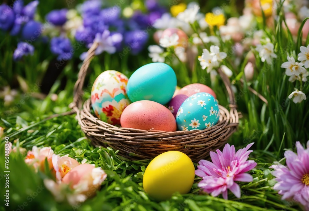 Dyed eggs in a wicker bowl in green grass, flowers, eggs with pattern, Easter, 3D