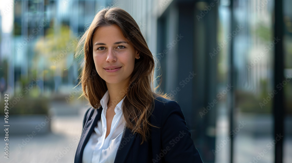 woman, happy confident positive female entrepreneur standing outdoors in the city