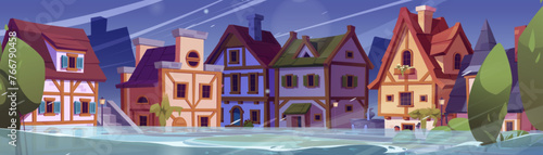 Flood on German city street and wind disaster. Disaster in old town with hurricane season. Fantasy ancient europe village in storm weather. Belgium architecture and inundation zone landscape scene.