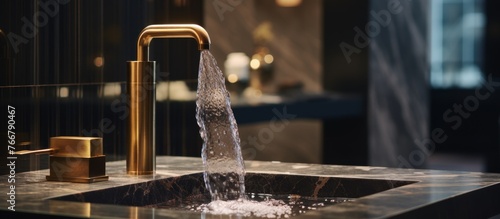 Water is flowing from a metal faucet into a glass sink in a bathroom. The building features hardwood flooring and wood accents, creating a stylish and modern look in the city apartment