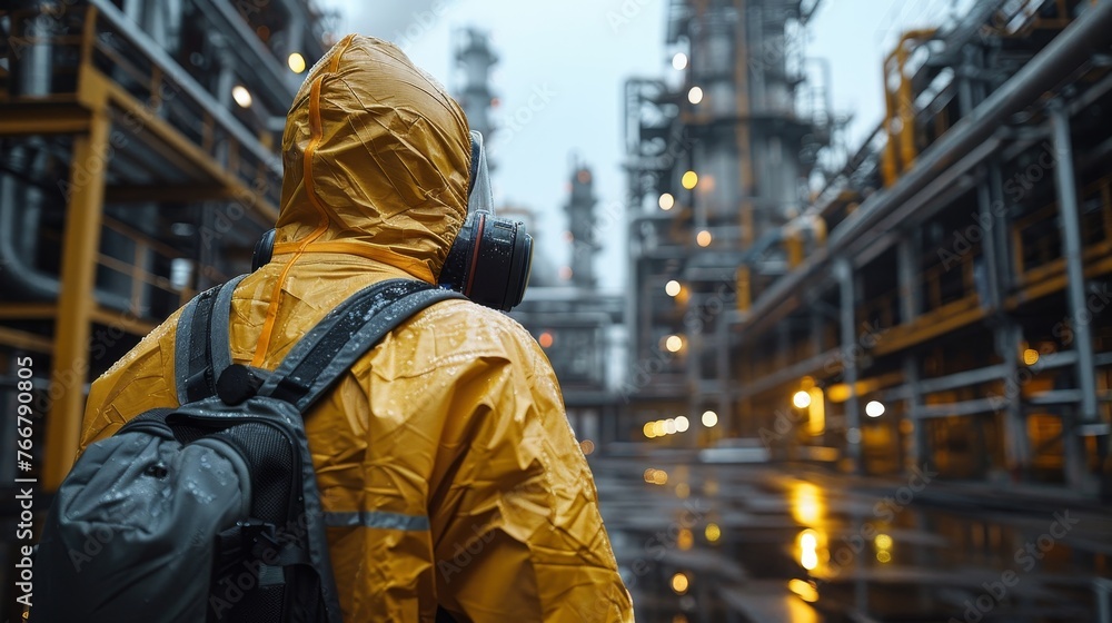 : A worker in a protective suit and mask inspecting a polluted industrial site, emphasizing the need for safety measures in hazard : A worker in a protective suit and mask inspecting a polluted industrial site, emphasizing the need for safety measures in hazard
