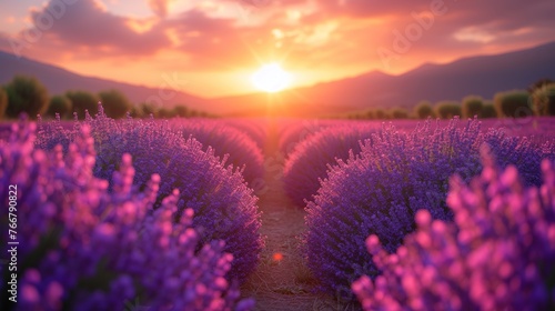 background of blooming lavender field at sunset photo