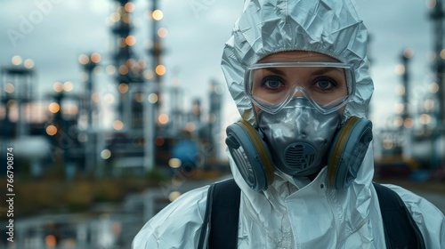 : A worker in a protective suit and mask inspecting a polluted industrial site, emphasizing the need for safety measures in hazard