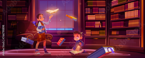 Girl kid in school magic library read book story illustration. Fantasy adventure concept in open fairy tale literature for boy cartoon background. Flying fun mystery education storybook in wizard home