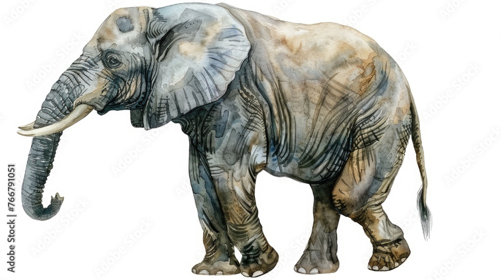 Fototapeta premium Watercolor clipart of a detailed elephant, symbol of wisdom, isolated on white background for exotic and wild themes