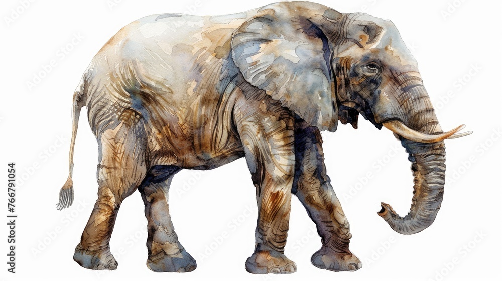 Fototapeta premium Watercolor clipart of a detailed elephant, symbol of wisdom, isolated on white background for exotic and wild themes