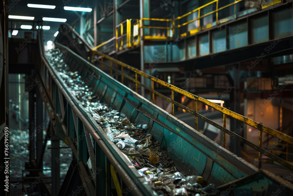 Conveyor Belt at Recycling Plant with Mixed Waste