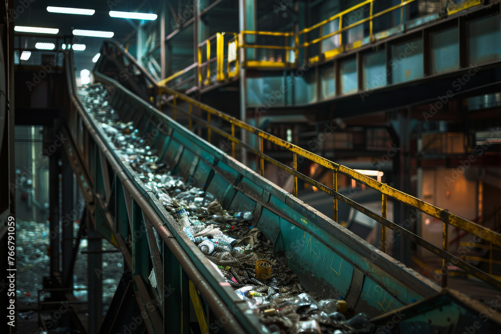 Fototapeta premium Conveyor Belt at Recycling Plant with Mixed Waste