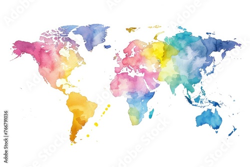 Watercolor clipart of a detailed world map, vibrant and exploratory, isolated on white background for travel and adventure designs © Pungu x