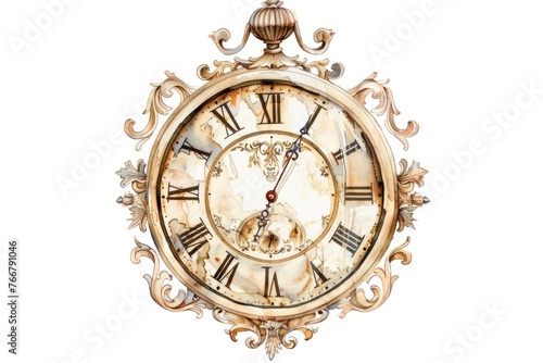 Watercolor clipart of a detailed vintage clock, timeless and elegant, isolated on white background for classic and historical themes