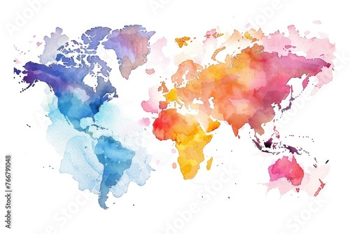 Watercolor clipart of a detailed world map, vibrant and exploratory, isolated on white background for travel and adventure designs