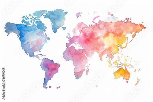 Watercolor clipart of a detailed world map, vibrant and exploratory, isolated on white background for travel and adventure designs #766791049