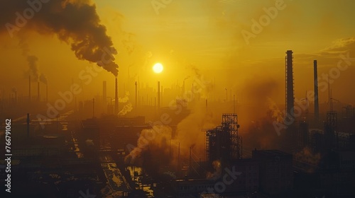 A yellow and orange haze of pollution hanging over an industrial area, with toxic symbols and waste visible in the environment