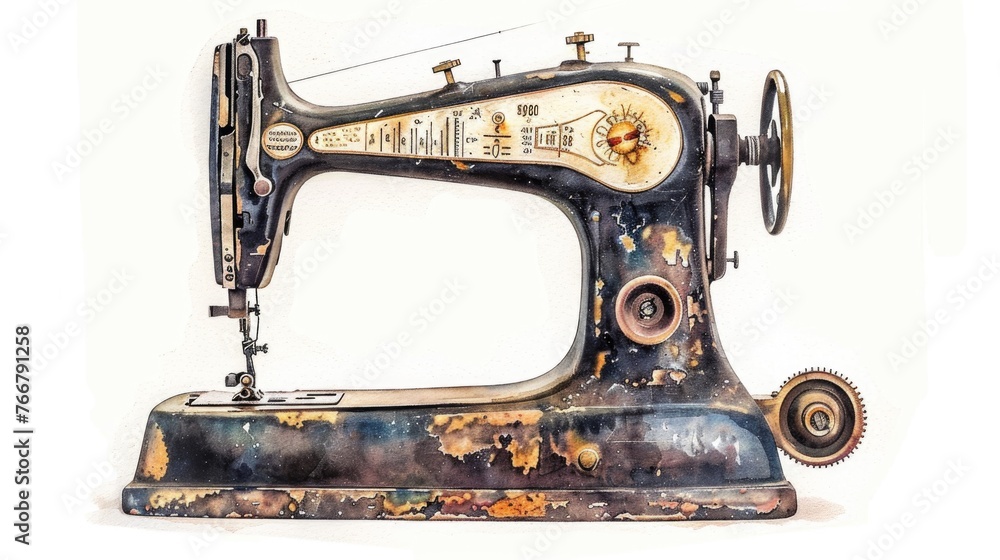 An elegant watercolor of a vintage sewing machine, details highlighted with soft shadows, on a pristine white background