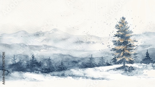 An elegant watercolor depiction of a winter night  with a lone pine tree adorned with snow  stark beauty contrasted on white