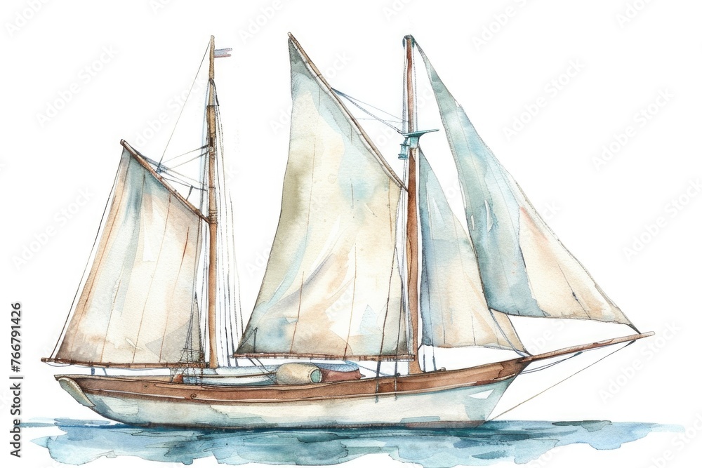 Obraz premium Watercolor clipart of a classic sailboat, serene sea vibes, detailed and calm, isolated on a white background for nautical themes