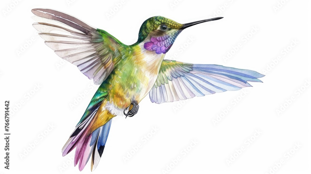 Obraz premium Watercolor clipart of a delicate hummingbird in flight, vibrant and lifelike, isolated on white background for natureinspired designs