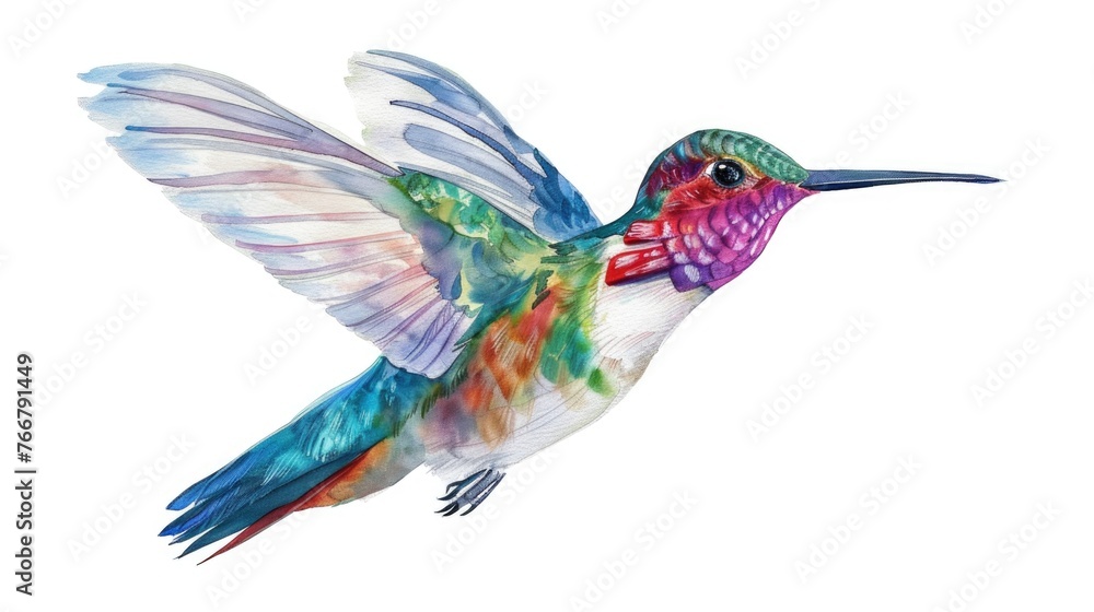 Obraz premium Watercolor clipart of a delicate hummingbird in flight, vibrant and lifelike, isolated on white background for natureinspired designs