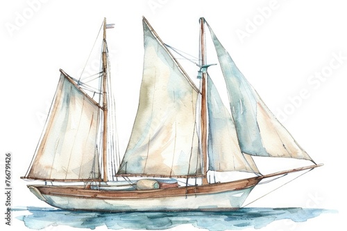 Watercolor clipart of a classic sailboat, serene sea vibes, detailed and calm, isolated on a white background for nautical themes