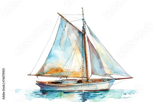 Watercolor clipart of a classic sailboat, serene sea vibes, detailed and calm, isolated on a white background for nautical themes