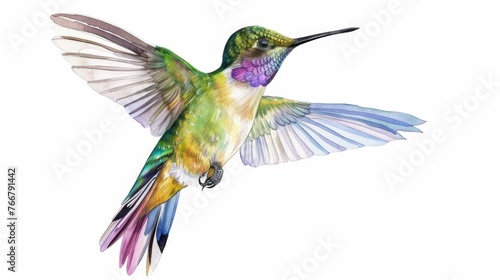 Watercolor clipart of a delicate hummingbird in flight  vibrant and lifelike  isolated on white background for natureinspired designs