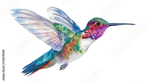 Watercolor clipart of a delicate hummingbird in flight  vibrant and lifelike  isolated on white background for natureinspired designs