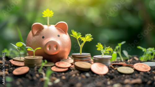 A piggy bank surrounded by coins and sprouting plants, representing financial growth and savings.