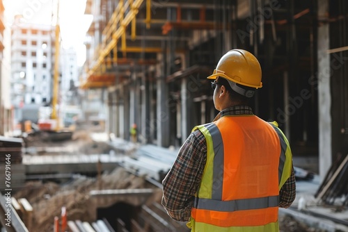 Man wearing safety looking at construction sites 