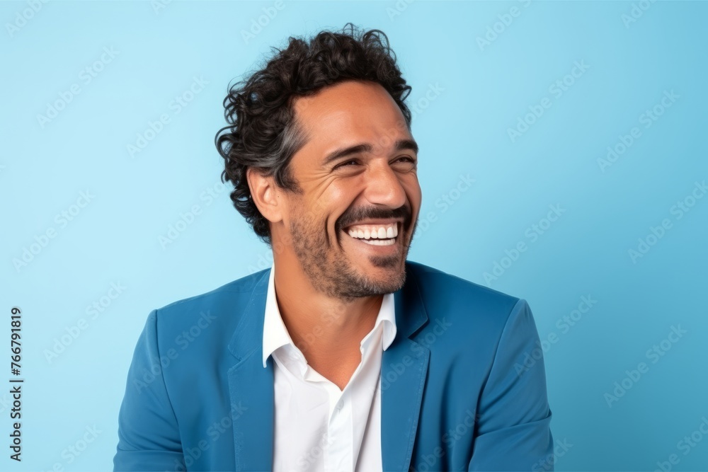 Portrait of happy young latin man laughing against blue background. Portrait of happy young latin man laughing against blue background.