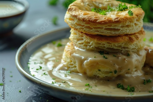Stack of Biscuits and Gravy on a Plate