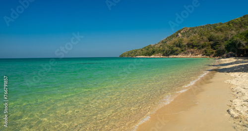 Beautiful Landscape summer panorama front view nobody  tropical sea beach white sand clean and blue sky mountain look calm nature ocean wave water travel day time at Sai Kaew Beach Thailand Chonburi © Singh