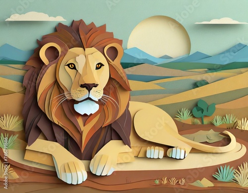 Male African lion in paper cut-out style photo