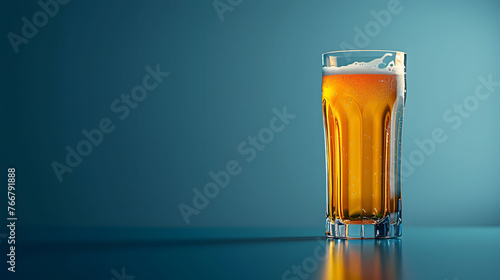 Refreshing beer glass with frothy head on blue background photo