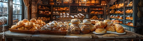 A cozy artisanal bakery filled with an assortment of fresh, handcrafted breads warmly lit by the morning sun through a window.