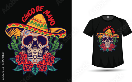 Cinco de mayo skull roses cactus mexican hat vector tshirt design
