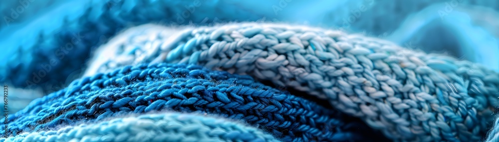 Across this textured knit fabric, one can observe the graceful flow of vibrant blues in a wavelike pattern, evoking a sense of softness and depth. Across this textured knit fabric, one can observe the graceful flow of vibrant blues in a wavelike pattern, evoking a sense of softness and depth.