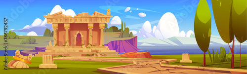 Destroyed ancient greek temple on summer landscape. Vector cartoon illustration of antique acropolis building with marble pillars, cracked stones, green trees, bushes on hills, blue river, sunny sky