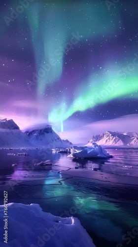 Amazing scenery of green aurora borealis shining in night sky over snowy mountain and sea. Night winter landscape with aurora and reflection on the water surface.