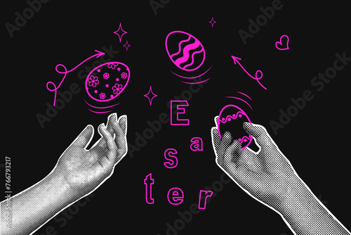 Trendy halftone collage on dark background. Hands juggling painted eggs for easter holiday. Social media communication, invitation template, congratulations.Abstract template. photo