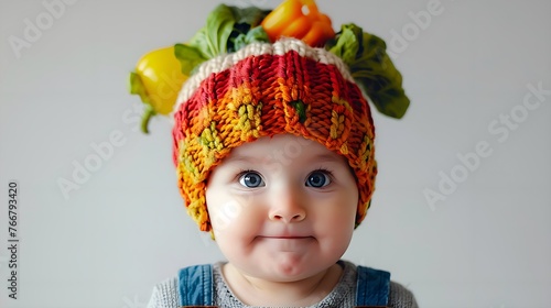 toddler in knitted hat adorned with vegetables - whimsical and warm