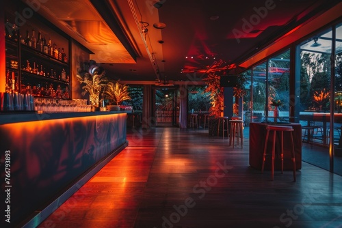 Bar at night, unmanned bar at night decorated with neon lights, unmanned bar with ultra-modern design, luxury bar design