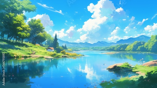 Lake anime style, background. Nature wallpaper