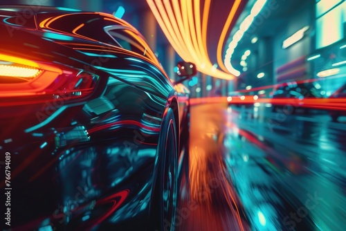 A fast-moving supercar, a supercar moving quickly at night with light lines, a dreamy concept sports car, a futuristic ultra-luxury sports car, and a colorful sports car light line photo
